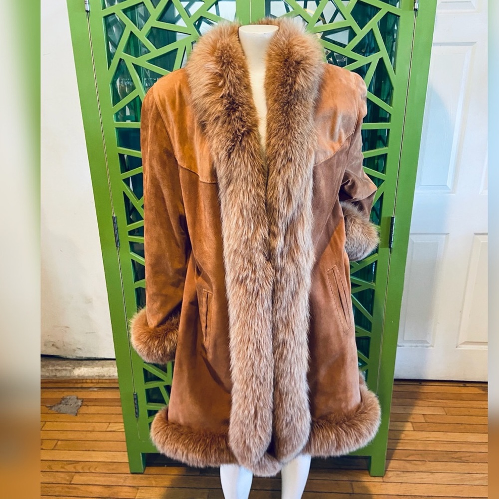 Marco Gianoti x Zamir Furs Penny Lane Light Suede Coat w/ Fox Fur Trim - S